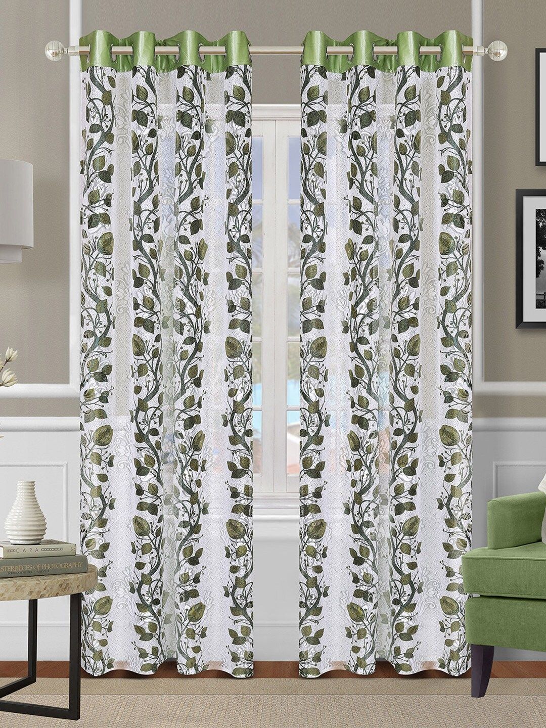 ROMEE Set Of 2 Green & Off White Floral Design Sheer Door Curtain Price in India