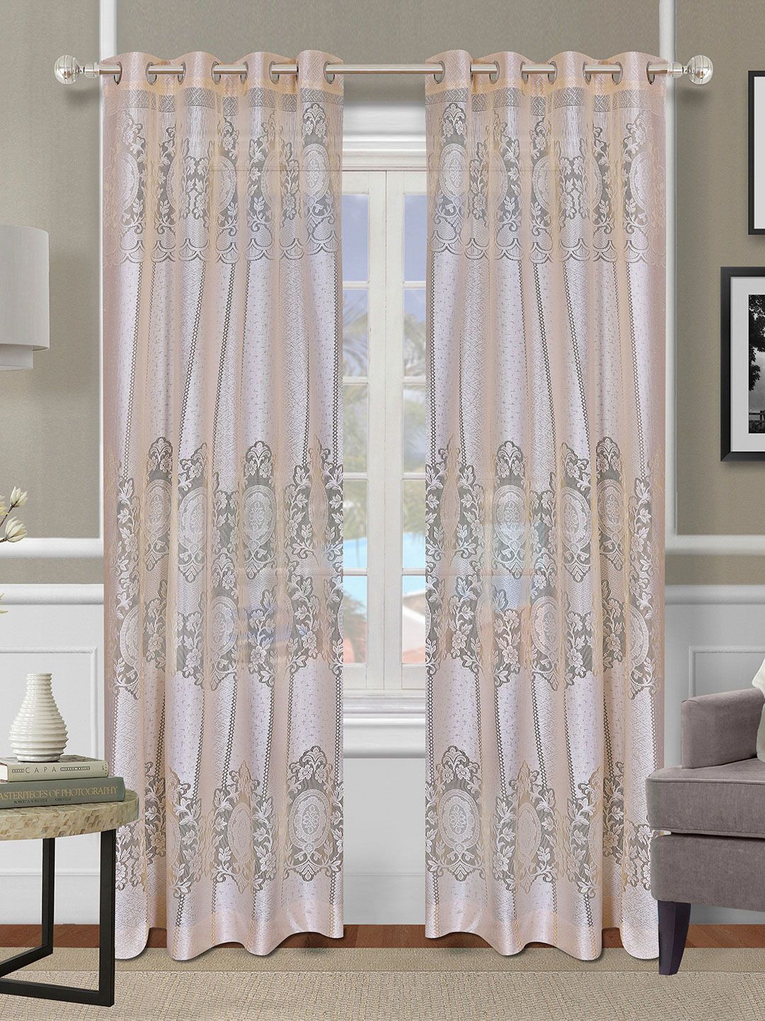 ROMEE Silver-Toned & Beige Set of 2 Floral Sheer Long Door Curtain Price in India