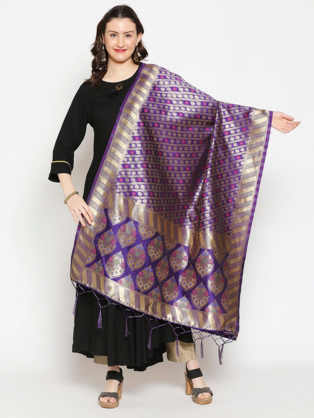 Dupatta Bazaar Purple & Gold-Toned Ethnic Motifs Woven Design Dupatta Price in India