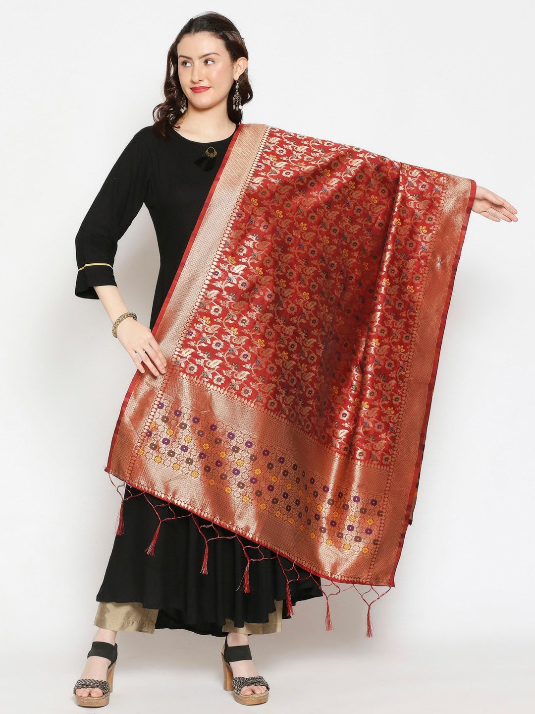 Dupatta Bazaar Women Red Woven Design Banarasi Silk Dupatta Price in India