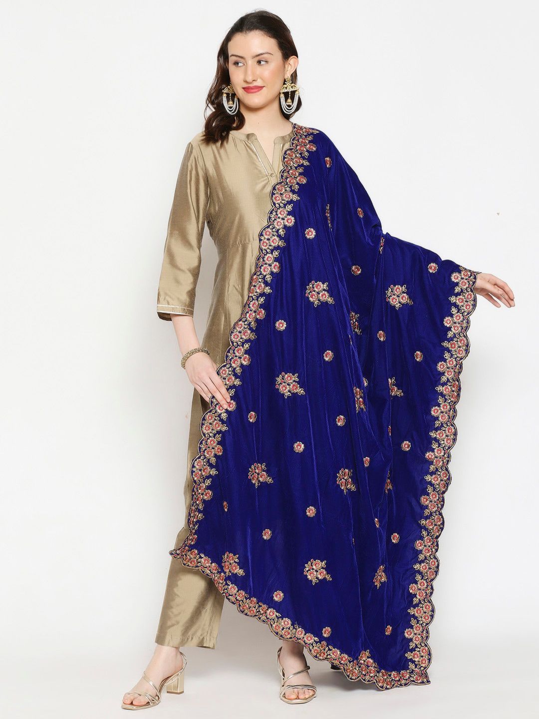 Dupatta Bazaar Blue & Pink Embroidered Velvet Dupatta with Zardozi Price in India