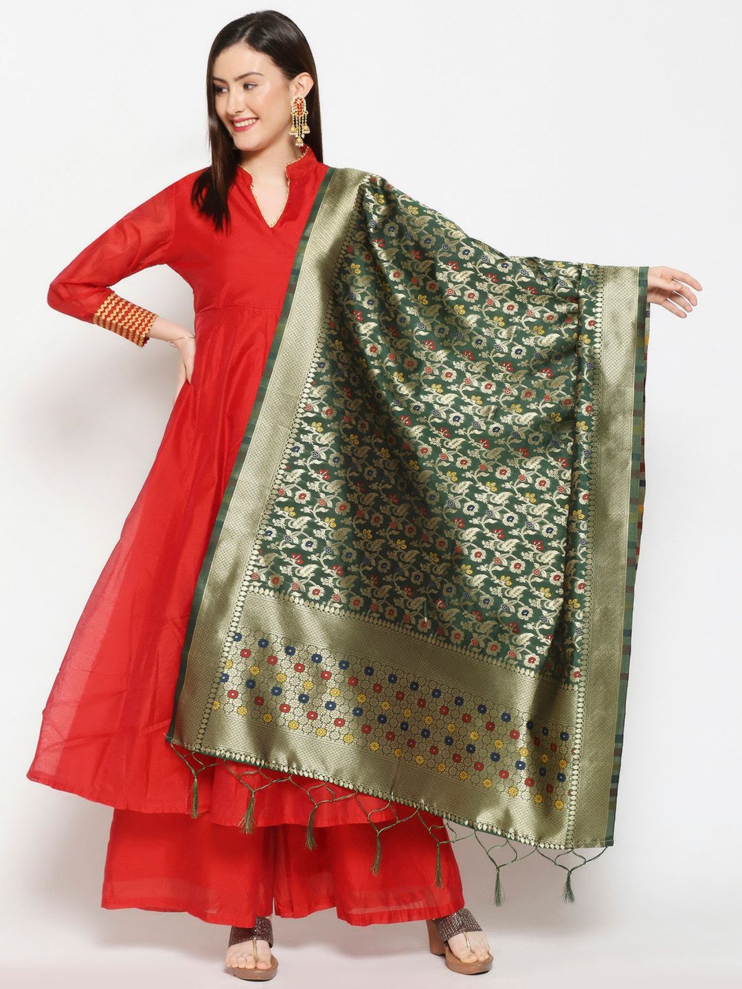 Dupatta Bazaar Green & Gold-Toned Woven Design Banarasi Silk Dupatta Price in India