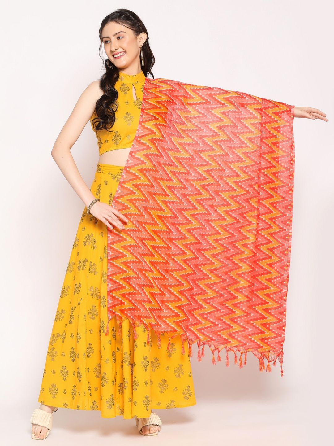 Dupatta Bazaar Peach-Coloured & Yellow Digital Printed Dupatta Price in India