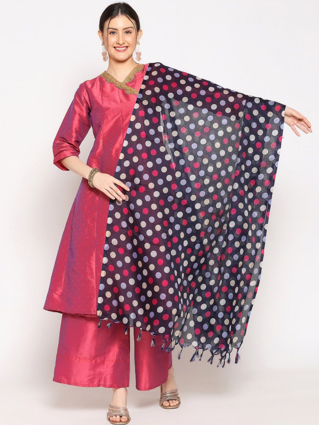 Dupatta Bazaar Navy Blue & Pink Digital Polka Dots Printed Dupatta