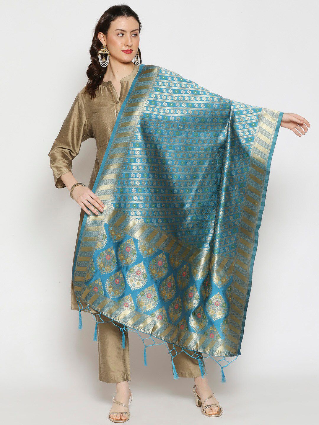 Dupatta Bazaar Turquoise Blue & Pink Ethnic Motifs Woven Design Dupatta Price in India