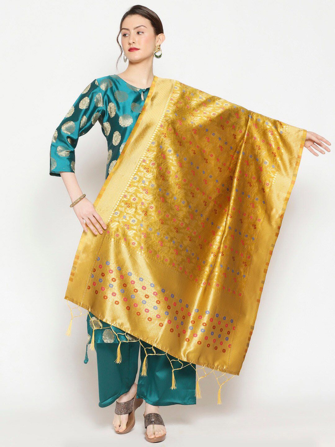 Dupatta Bazaar Gold-Toned & Blue Woven Design Banarasi Silk Dupatta Price in India