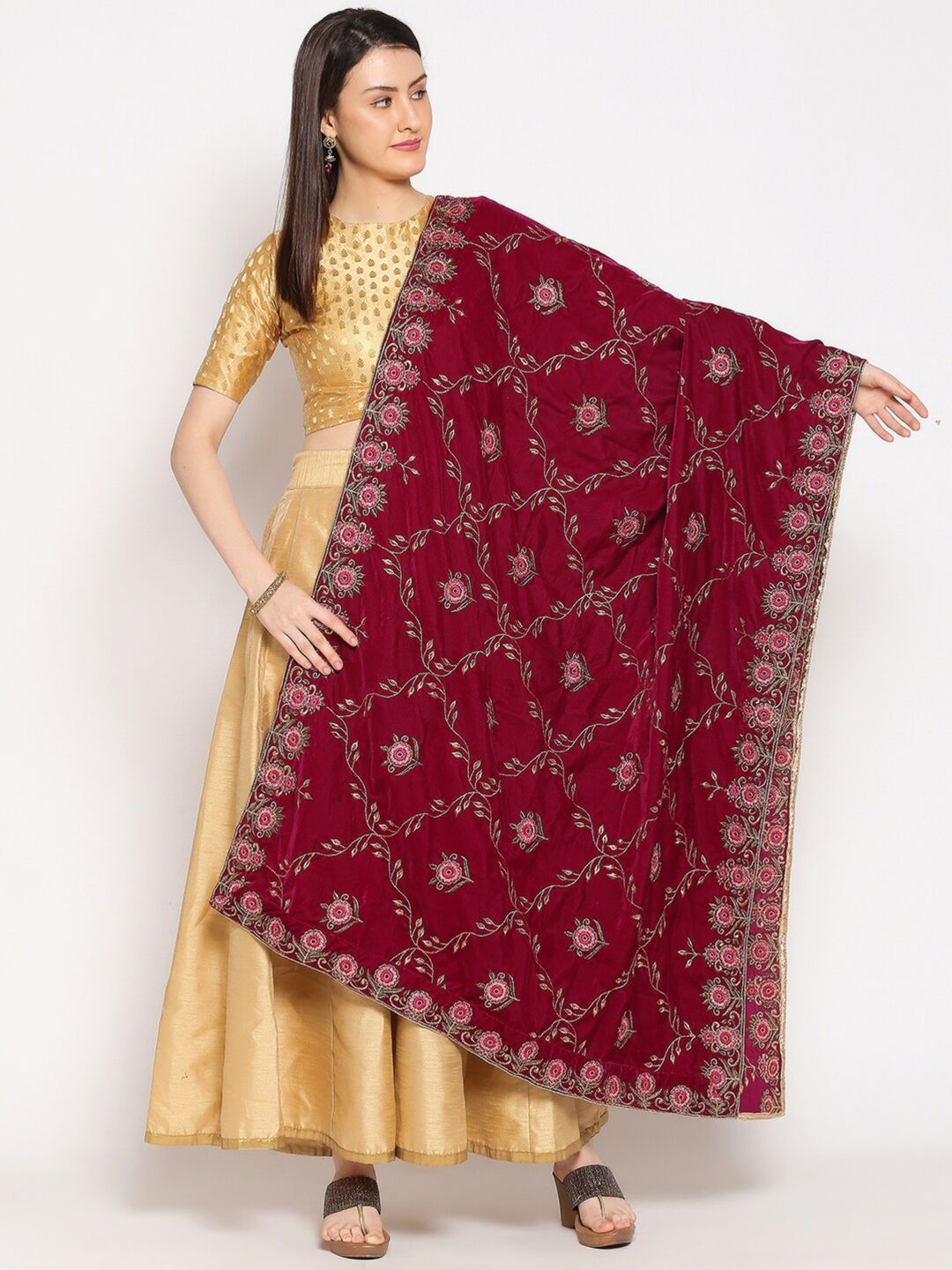 Dupatta Bazaar Women Burgundy Velvet Floral Embroidered Dupatta Price in India