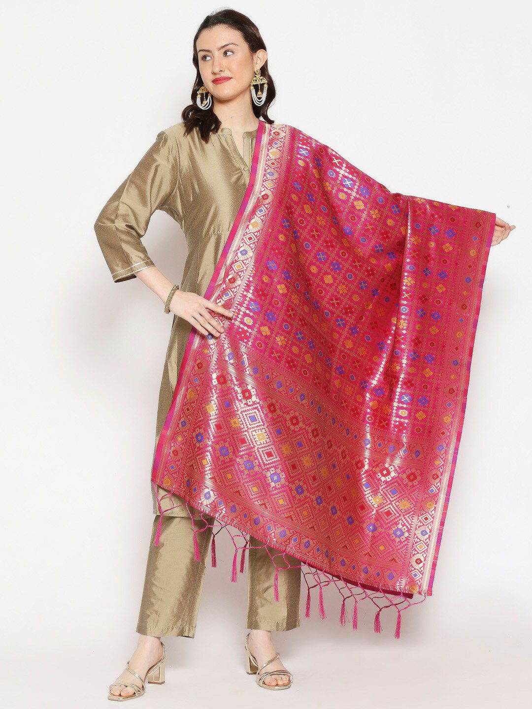 Dupatta Bazaar Pink & Blue Ethnic Motifs Woven Design Dupatta Price in India