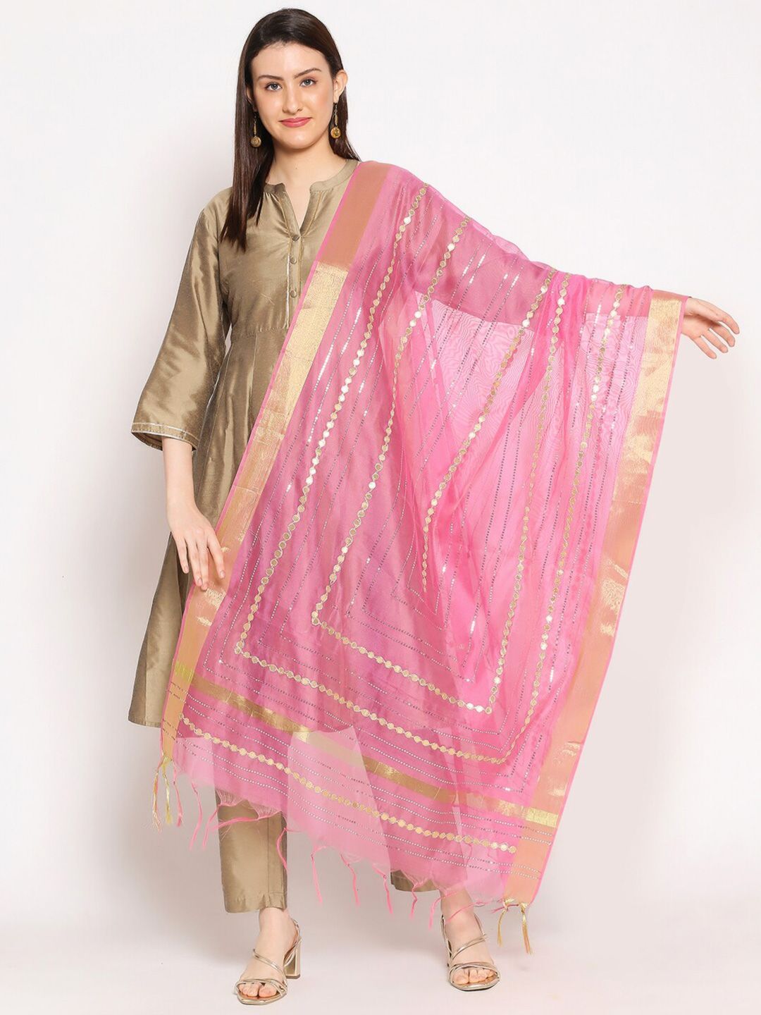 Dupatta Bazaar Women Pink Embellished Chanderi Silk Dupatta Price in India