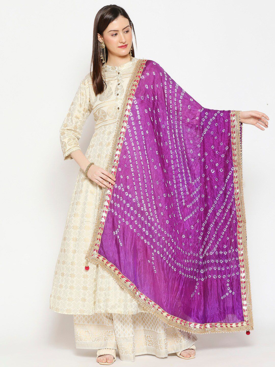Dupatta Bazaar Purple & White Printed Dupatta with Gotta Patti Price in India