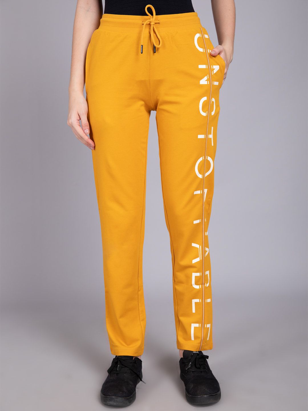 Madame Women Mustard Yellow Typography Printed Cotton Track Pants Price in India