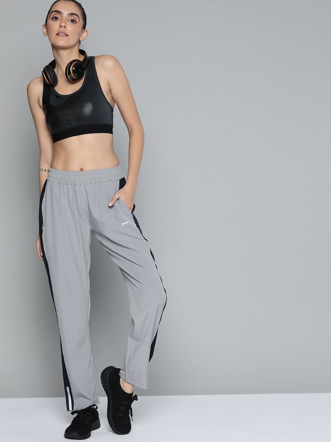 Slazenger Women Grey Solid Ultra-Dry Running Track Pants with Side Stripe Detail Price in India