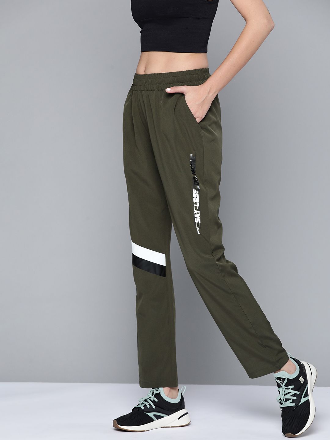 Slazenger Women Olive Green Typography Printed Ultra-Dry Running Track Pants Price in India