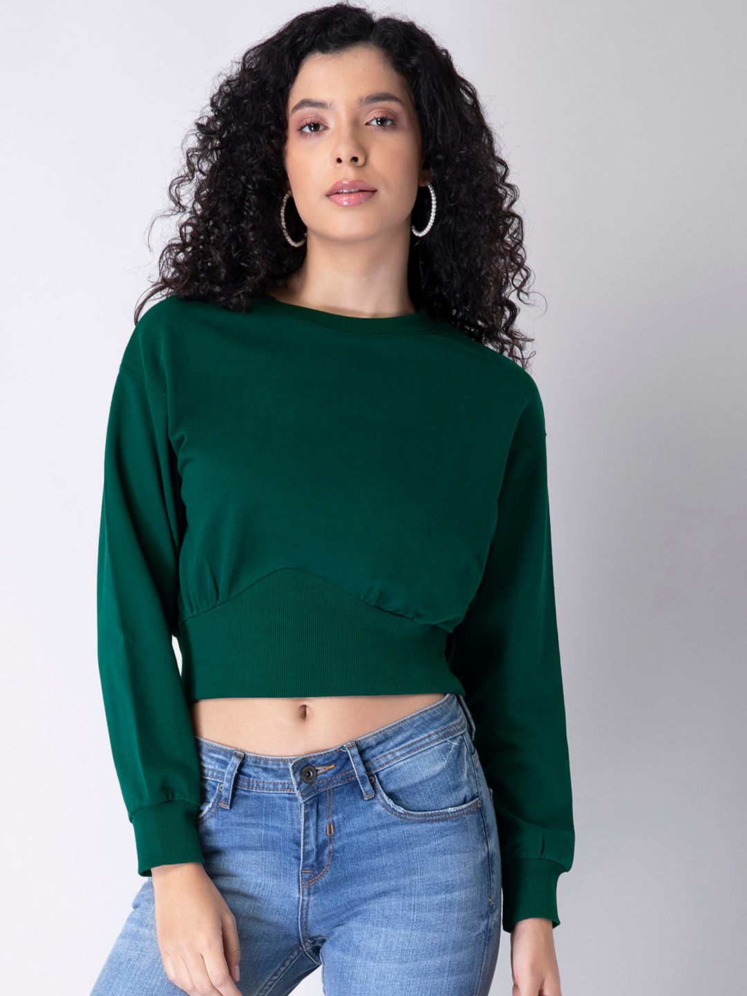 FabAlley Women Green Front Panel Cropped Sweatshirt Price in India