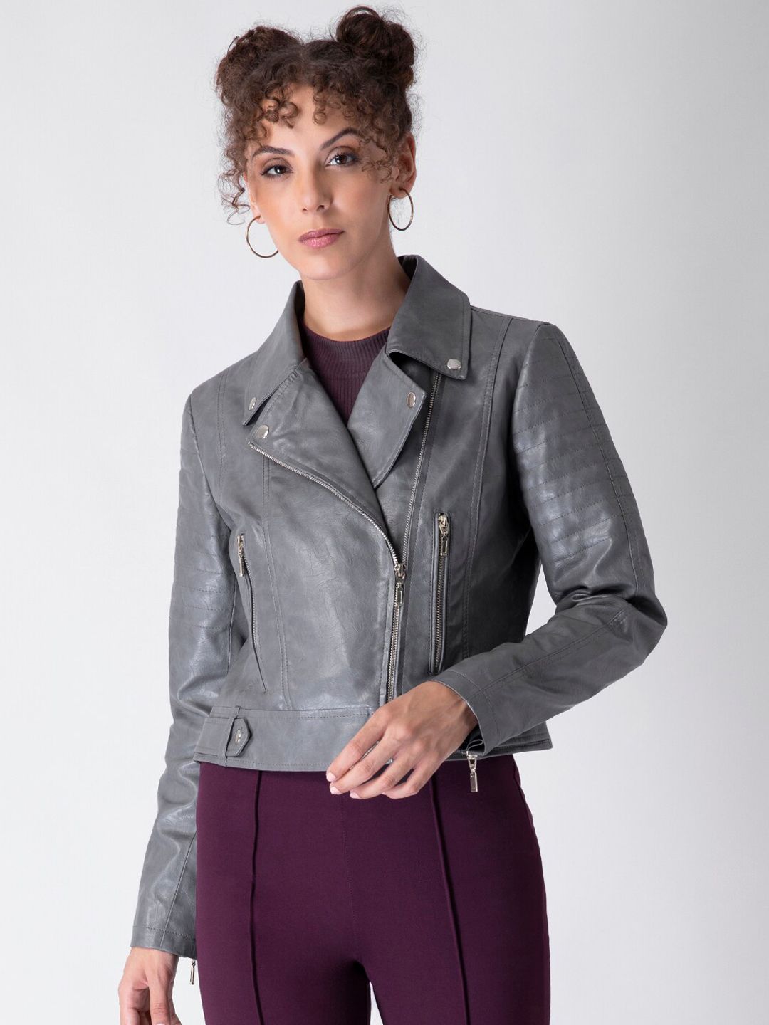 FabAlley Women Grey Solid Crop Biker Jacket Price in India