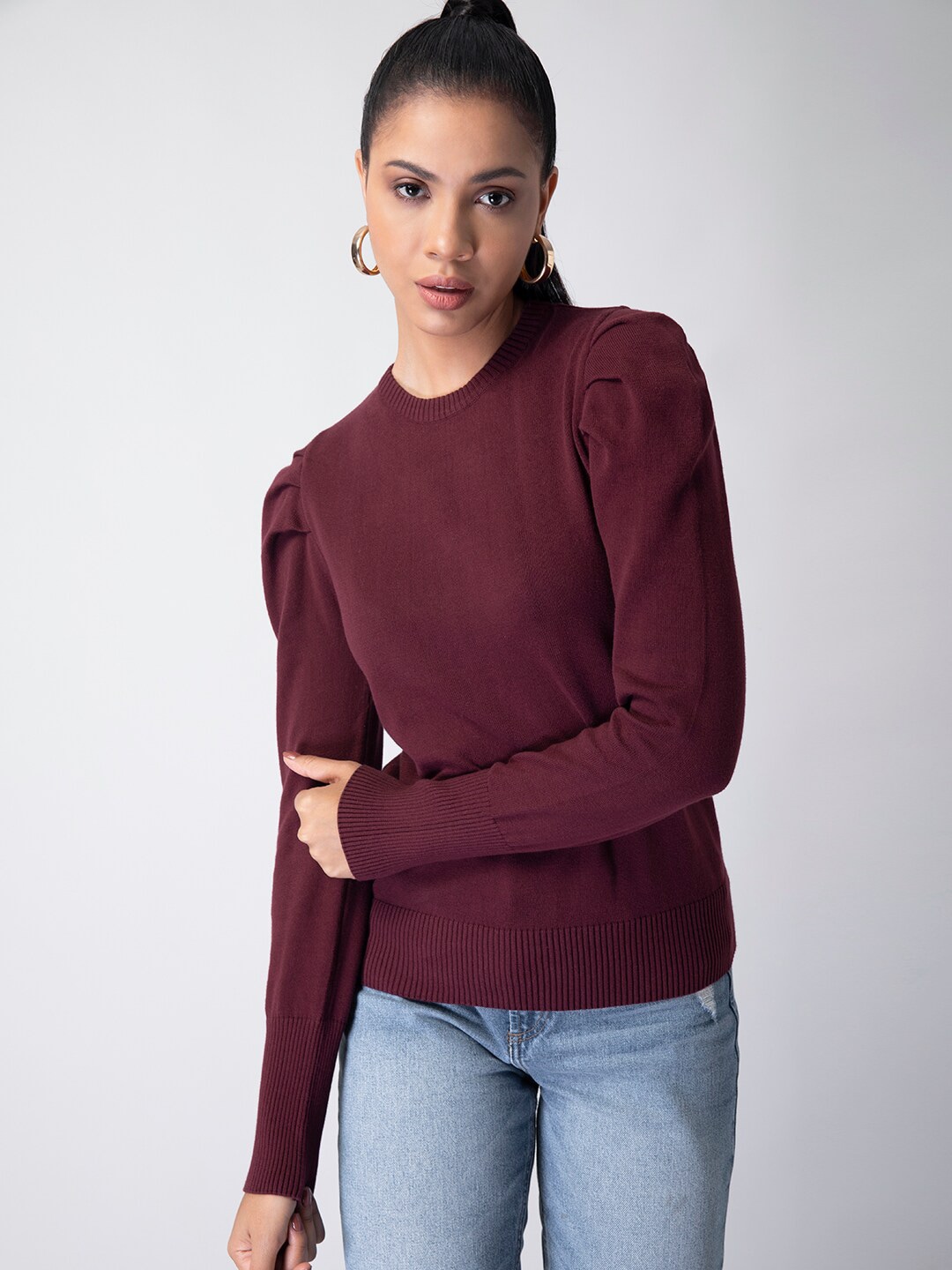 FabAlley Women Maroon Pure Cotton Solid Pullover Sweater Price in India