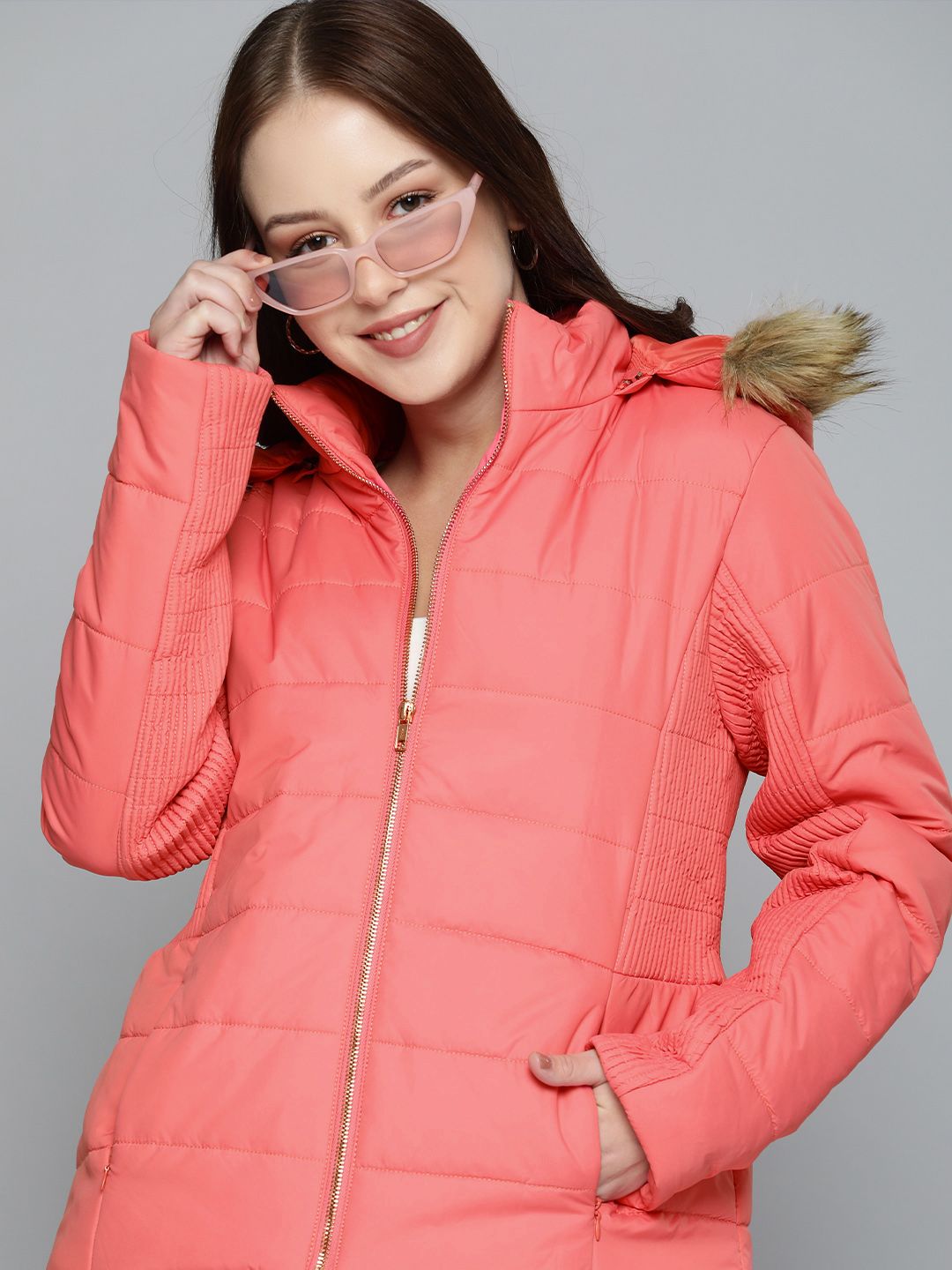 HERE&NOW Women Peach-Coloured Puffer Jacket Price in India