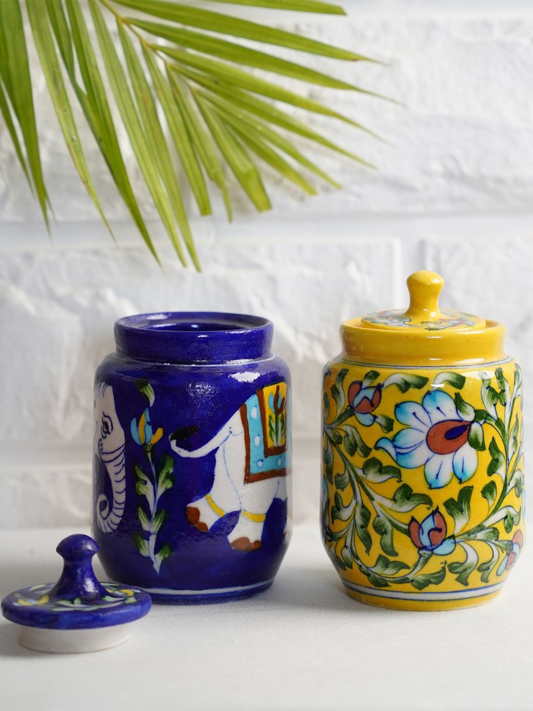 Folkstorys Set Of 2 Blue & Yellow Floral Hand-Painted & Handcrafted Ceramic Jars Price in India