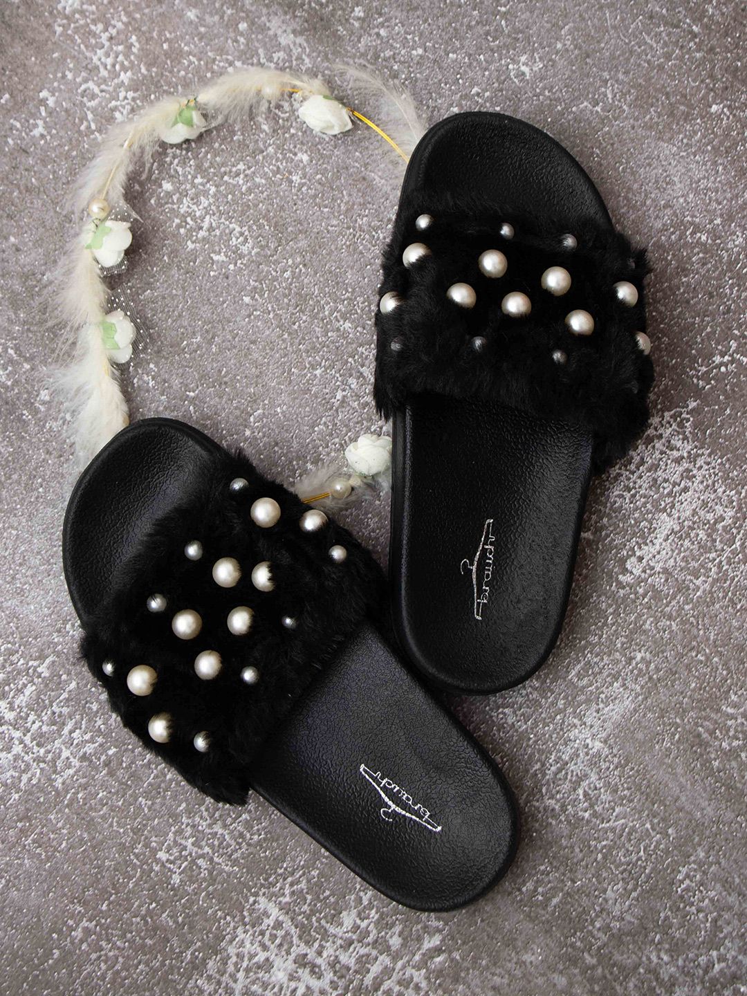 Brauch Women Black & White Embellished Sliders Price in India