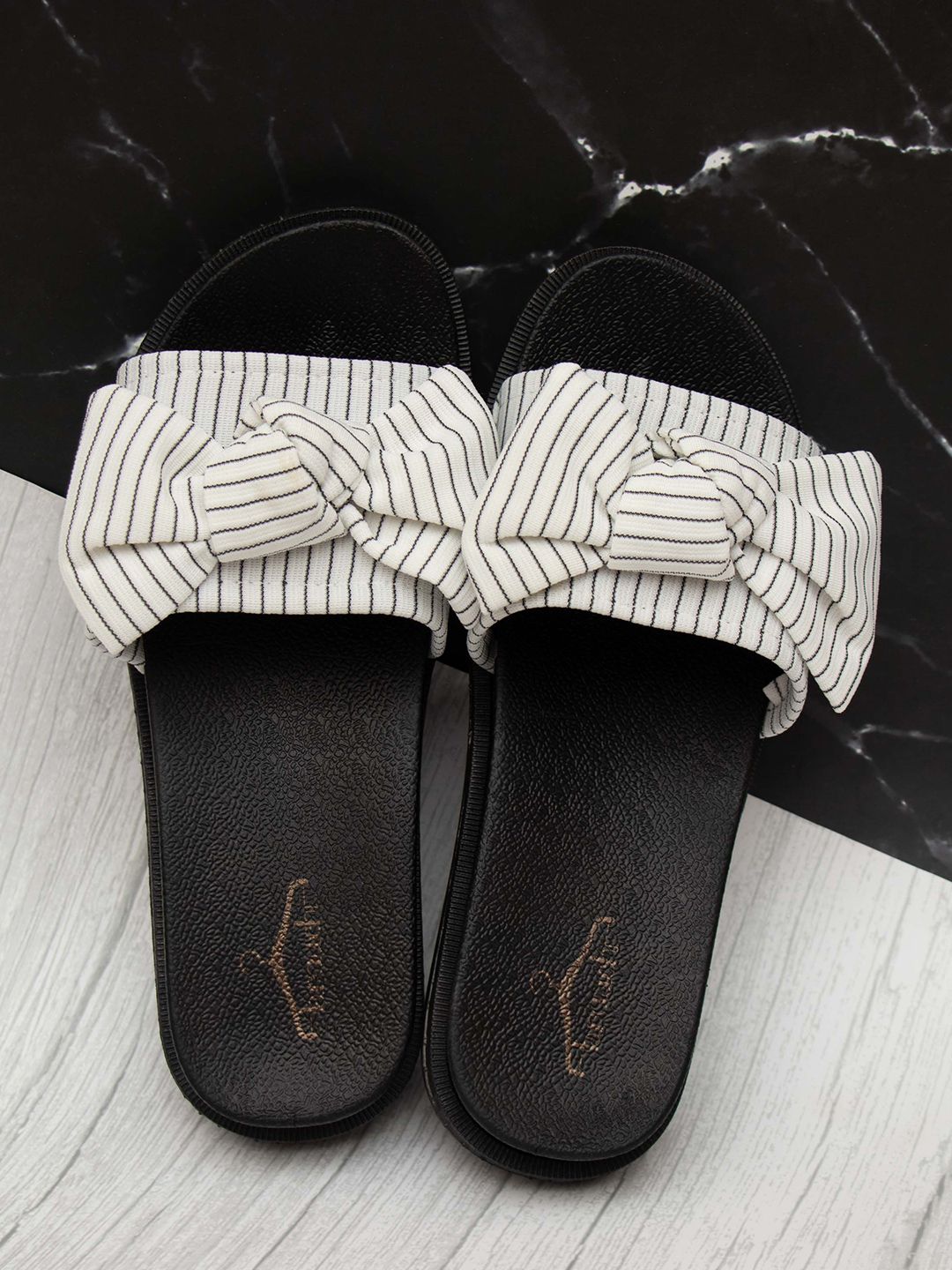 Brauch Women Off White & Black Striped Bowed Sliders Price in India