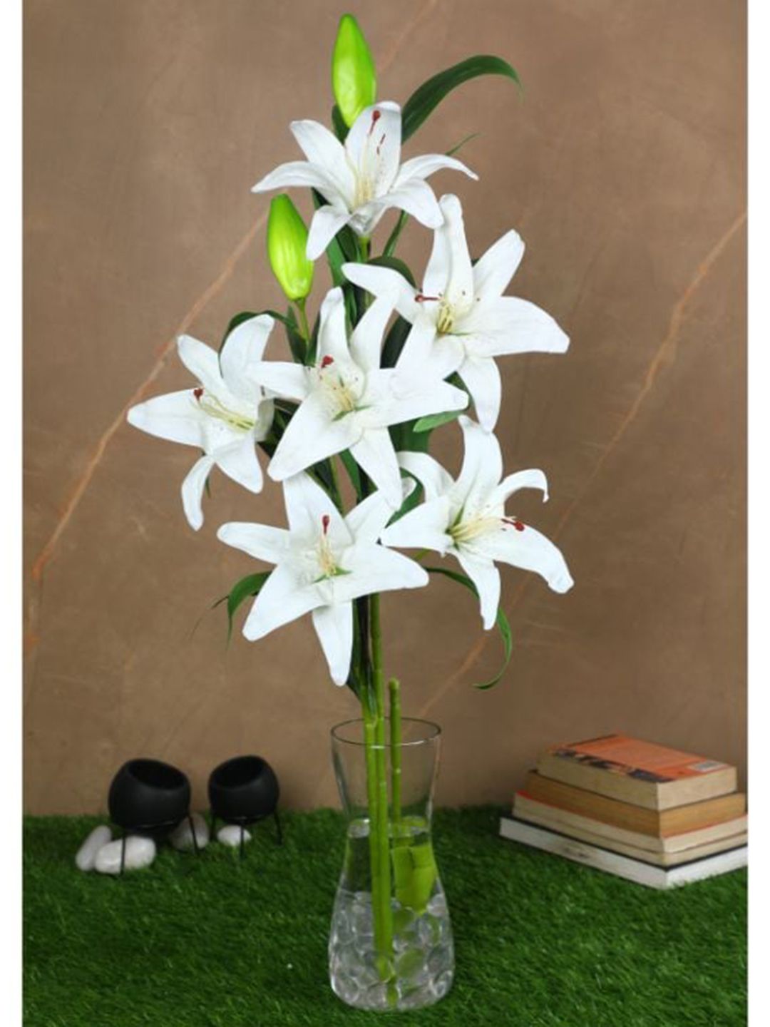 PolliNation Set Of 2 White & Green Real Touch Lily Artificial Flowers Price in India