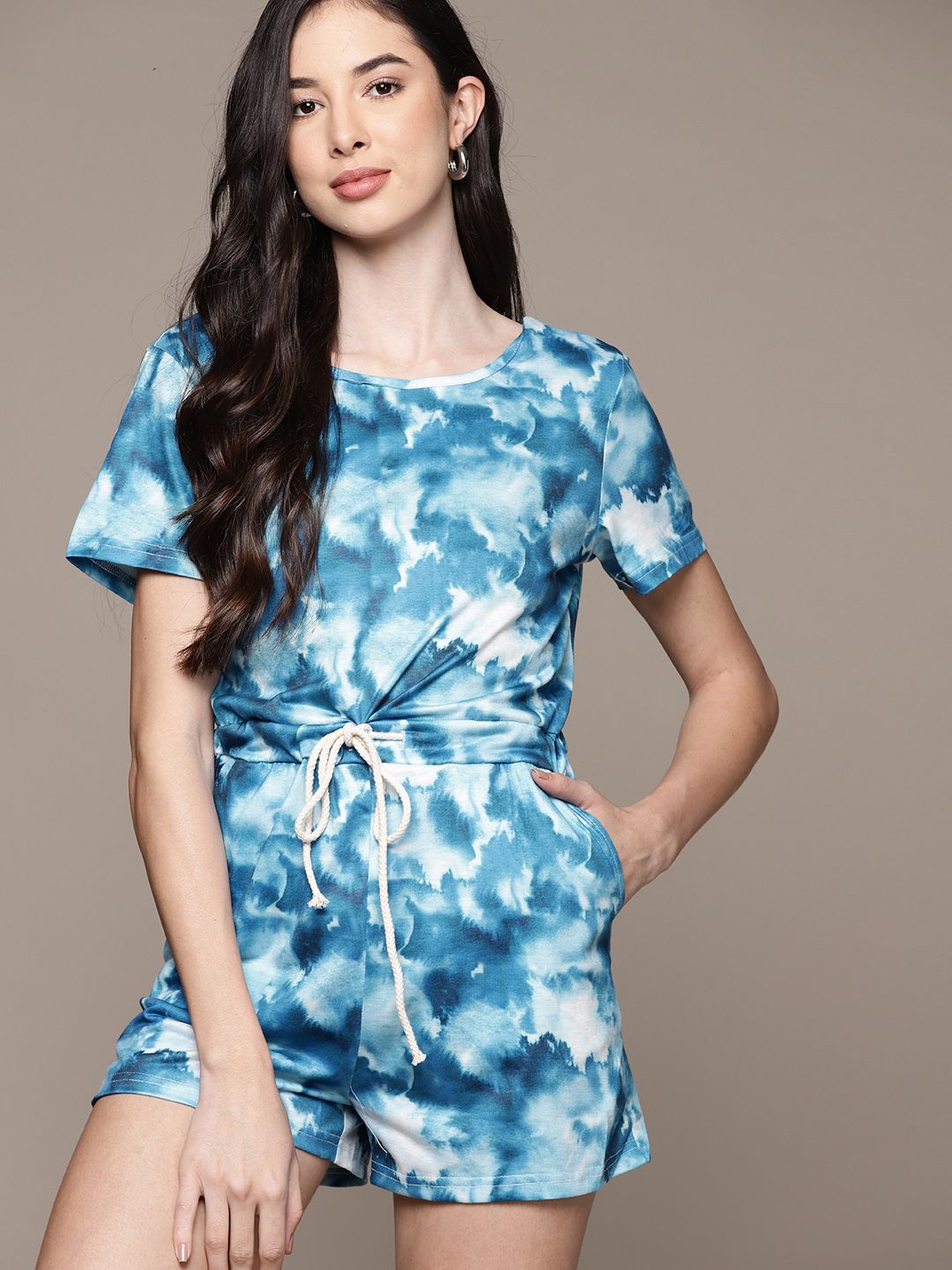 URBANIC Blue & White Tie-Dye Print Basic Jumpsuit Price in India