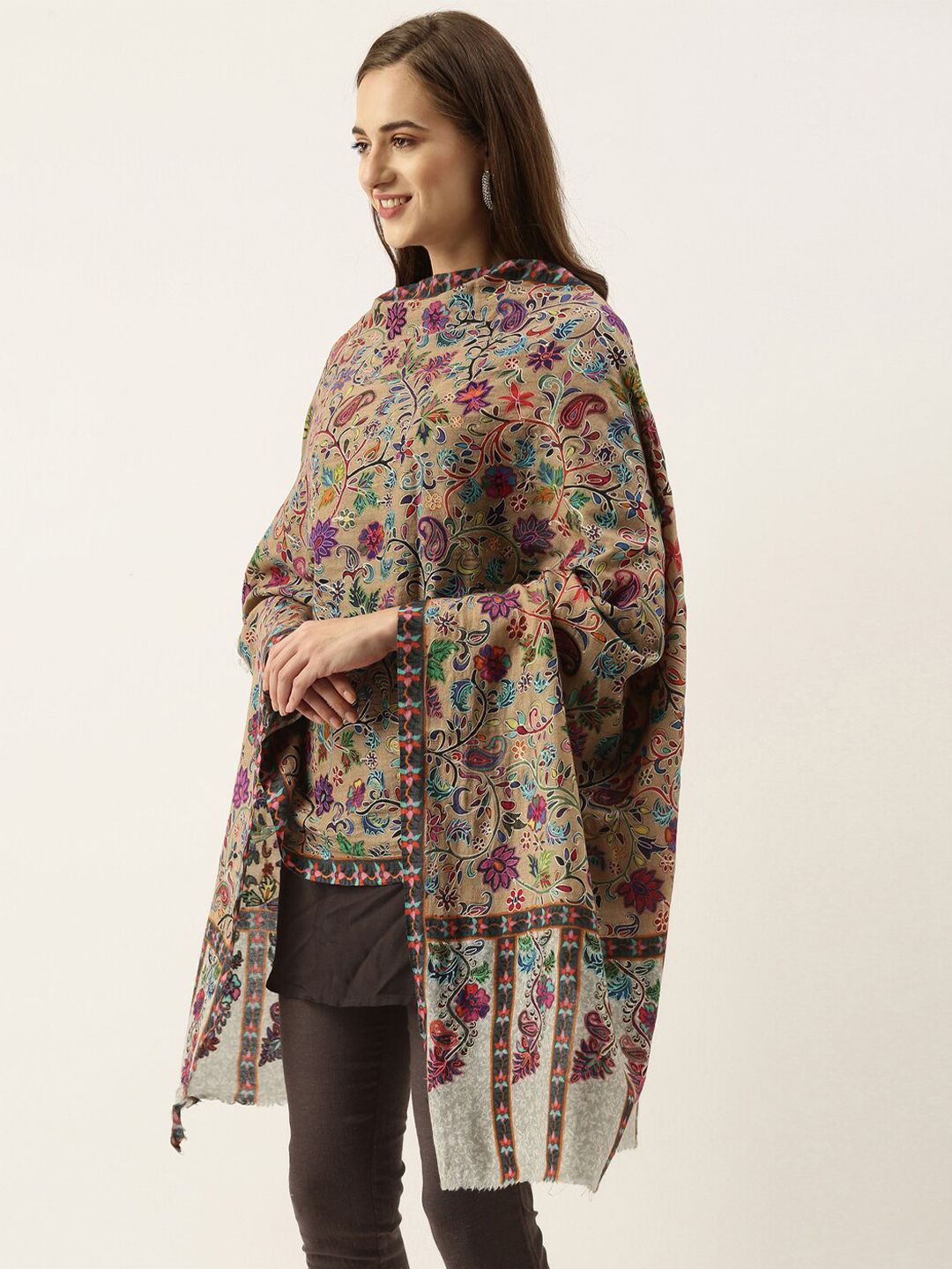 Pashmoda Women Beige & Red Pure Wool Kalamkari Stole Price in India