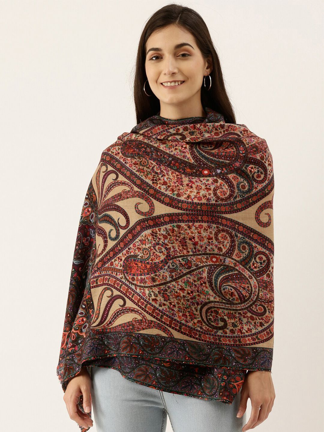 Pashmoda Women Beige & Red Pure Wool Printed Stole Price in India