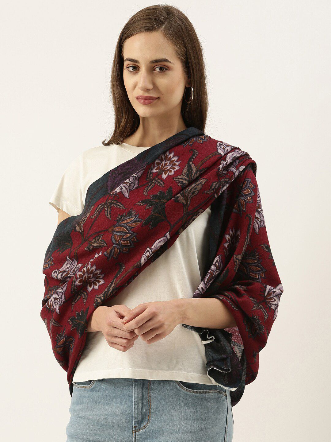 Pashmoda Women Maroon & Black Pure Wool Printed Stole Price in India