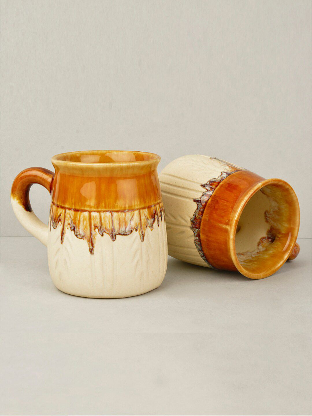 StyleMyWay Set Of 2 Beige & Brown Handcrafted Textured Ceramic Matte Mugs Price in India
