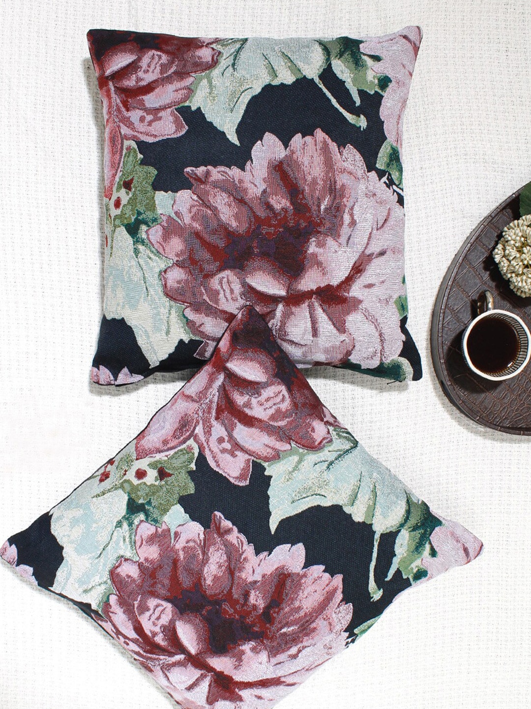 AVI Living Black & Pink Set of 2 Floral Square Cushion Covers Price in India