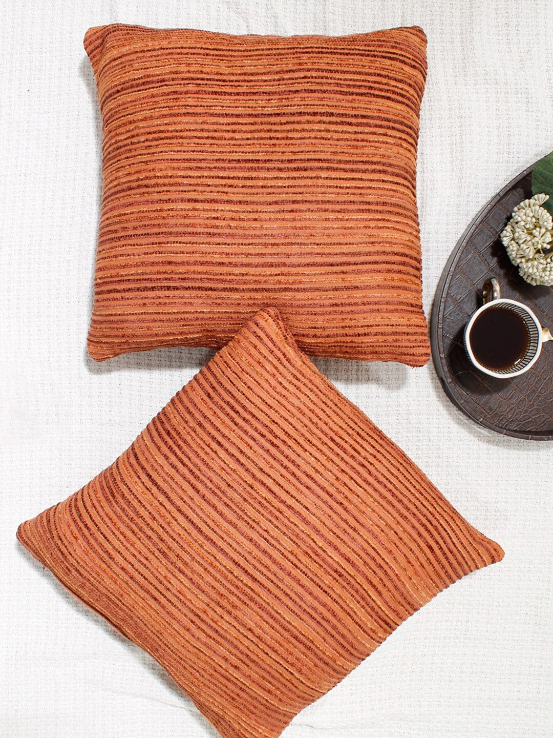 AVI Living Orange Set of 2 Striped Square Cushion Covers Price in India