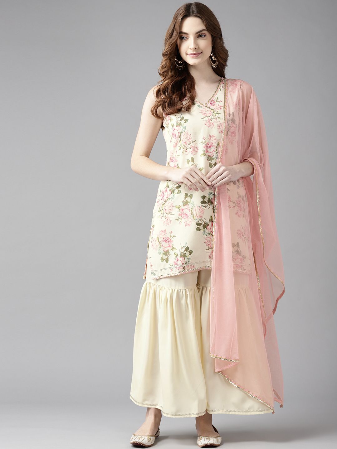 Ahalyaa Women Off White Floral Printed Regular Gotta Patti Kurta with Sharara & With Dupatta Price in India