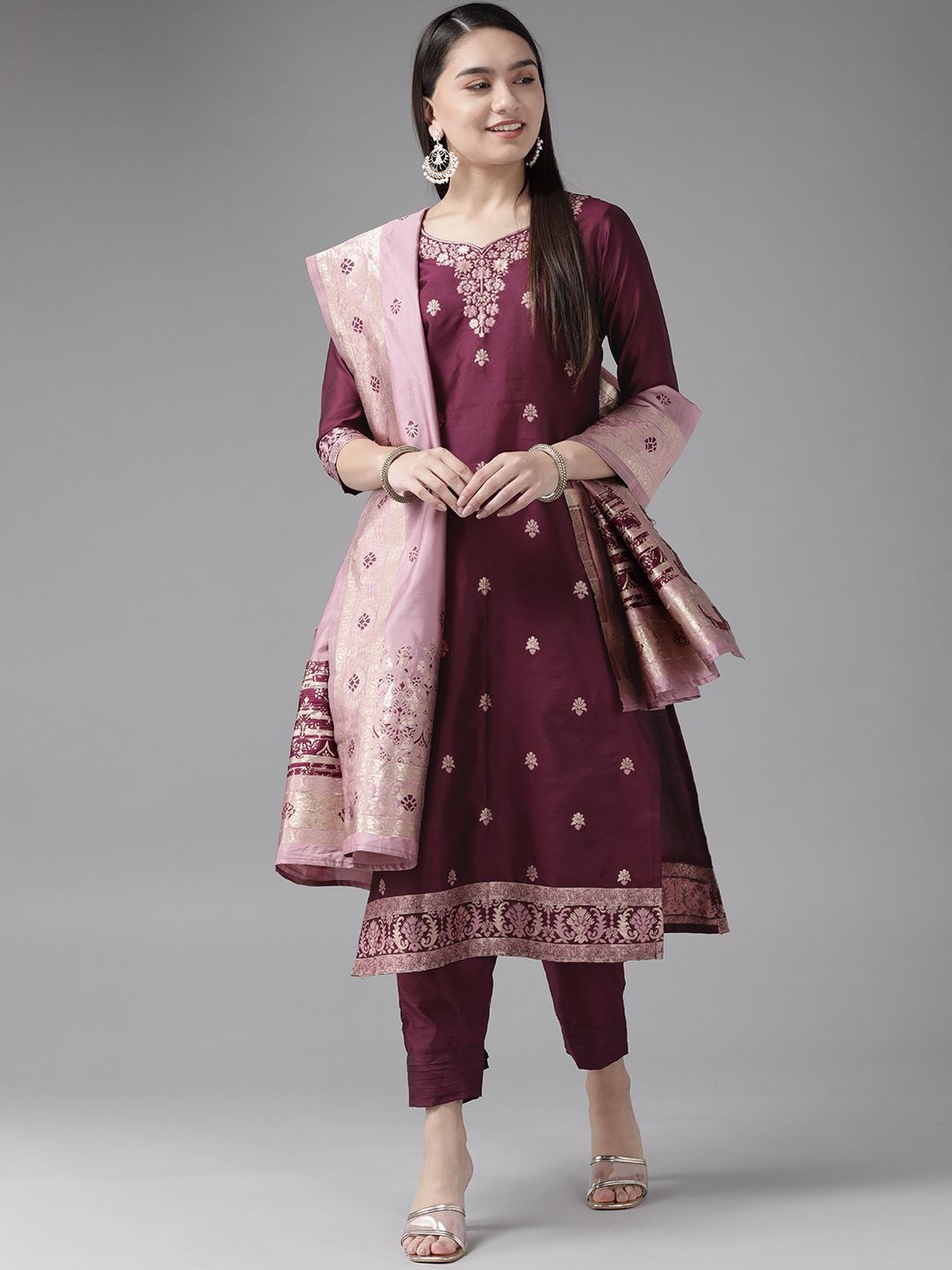 Indo Era Women Burgundy & Pink Chanderi Silk Kurta with Trousers & With Dupatta Price in India