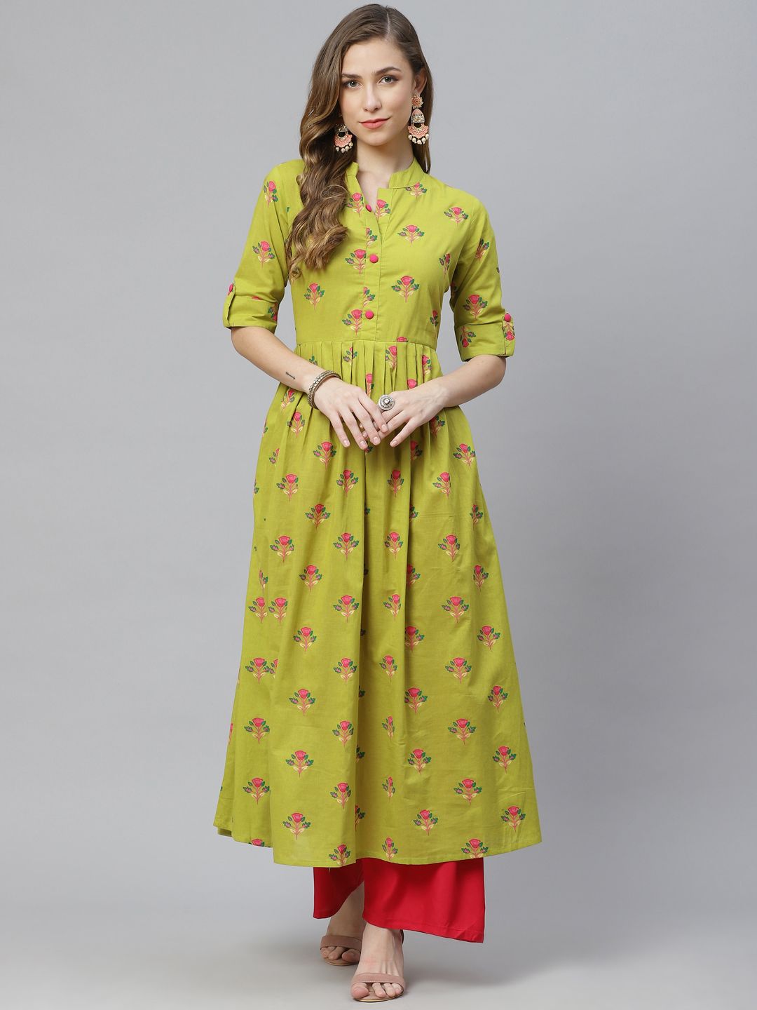 Aasiya Women Green & Pink Floral Printed Anarkali Kurta Price in India