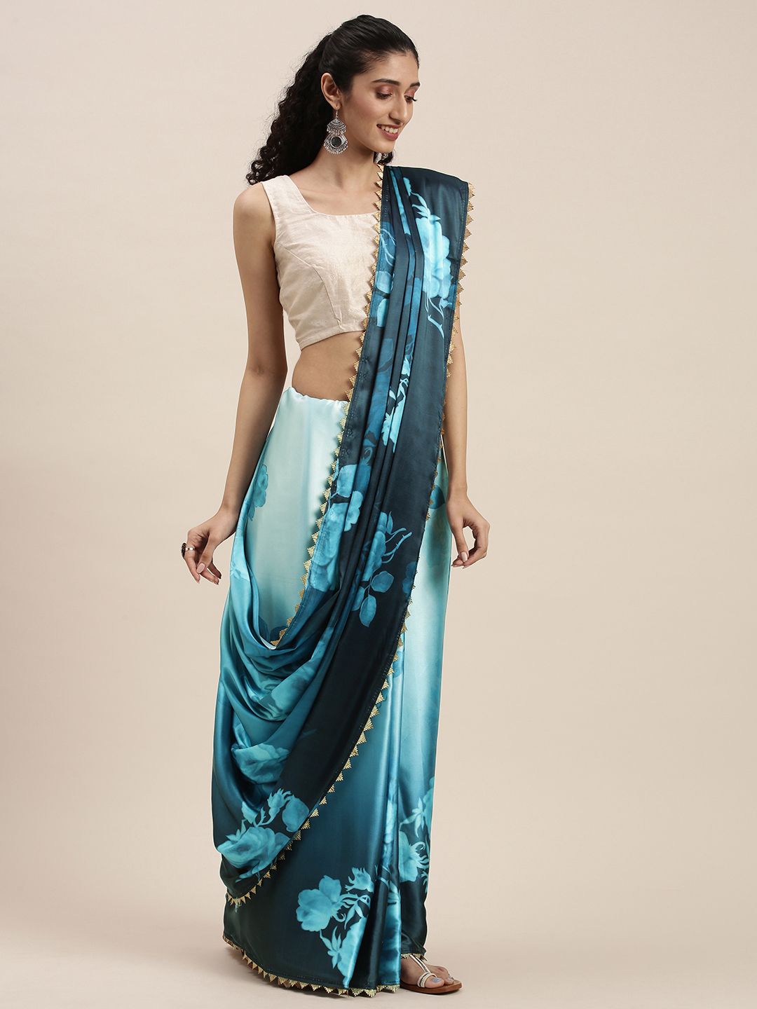 Mitera Blue Floral Satin Saree Price in India