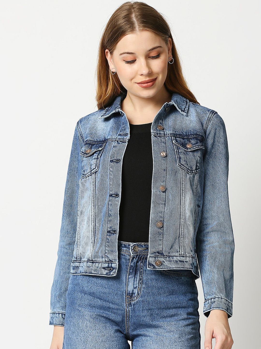 High Star Women Blue Washed Crop Denim Jacket Price in India