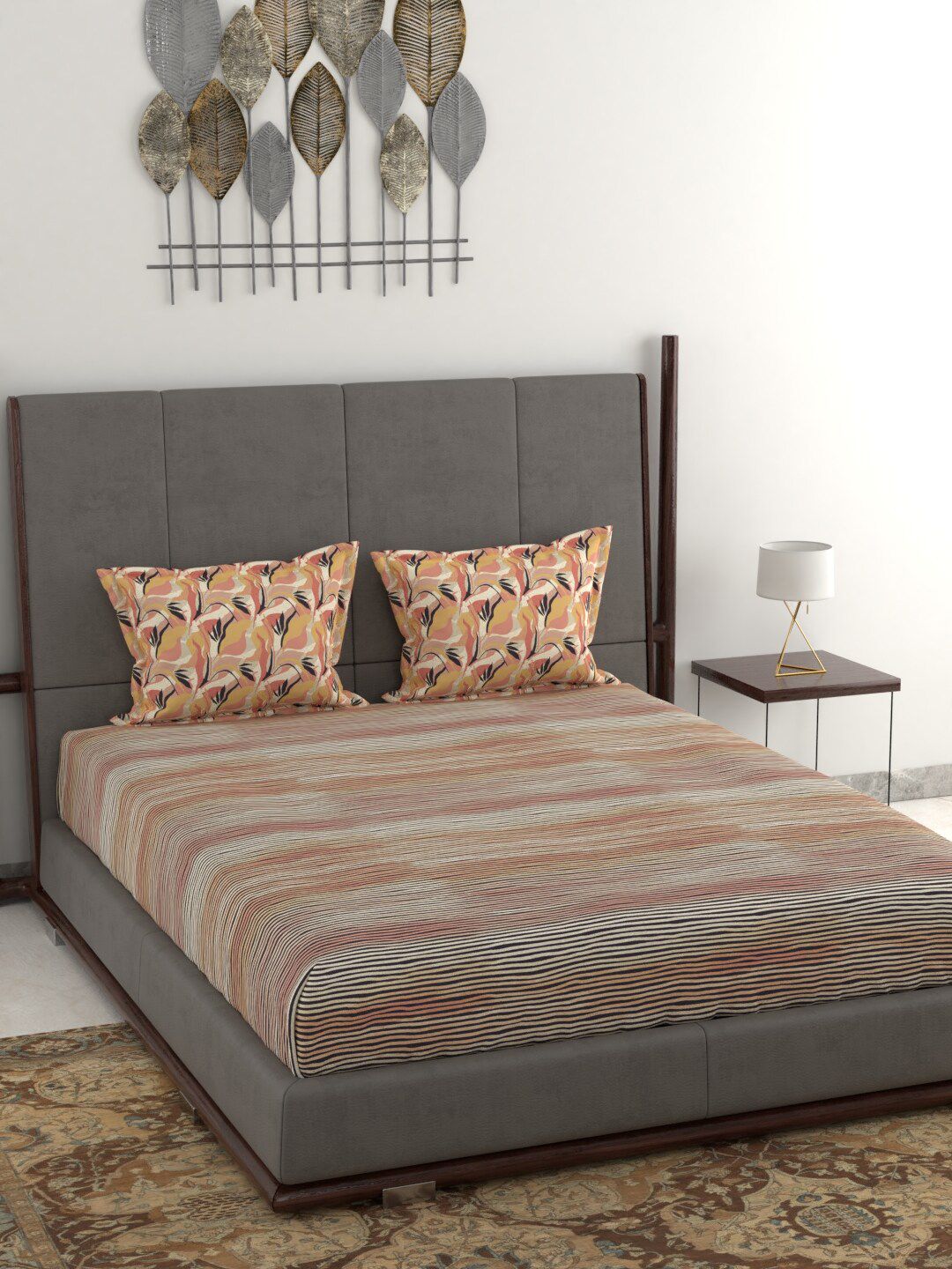 Trident Peach-Coloured & Black 130 TC Pure Cotton Queen Bedsheet & 2 Pillow Covers Price in India