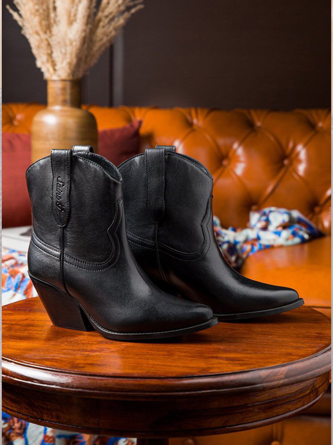 Saint G Black Leather Ankle Block Heeled Boots Price in India
