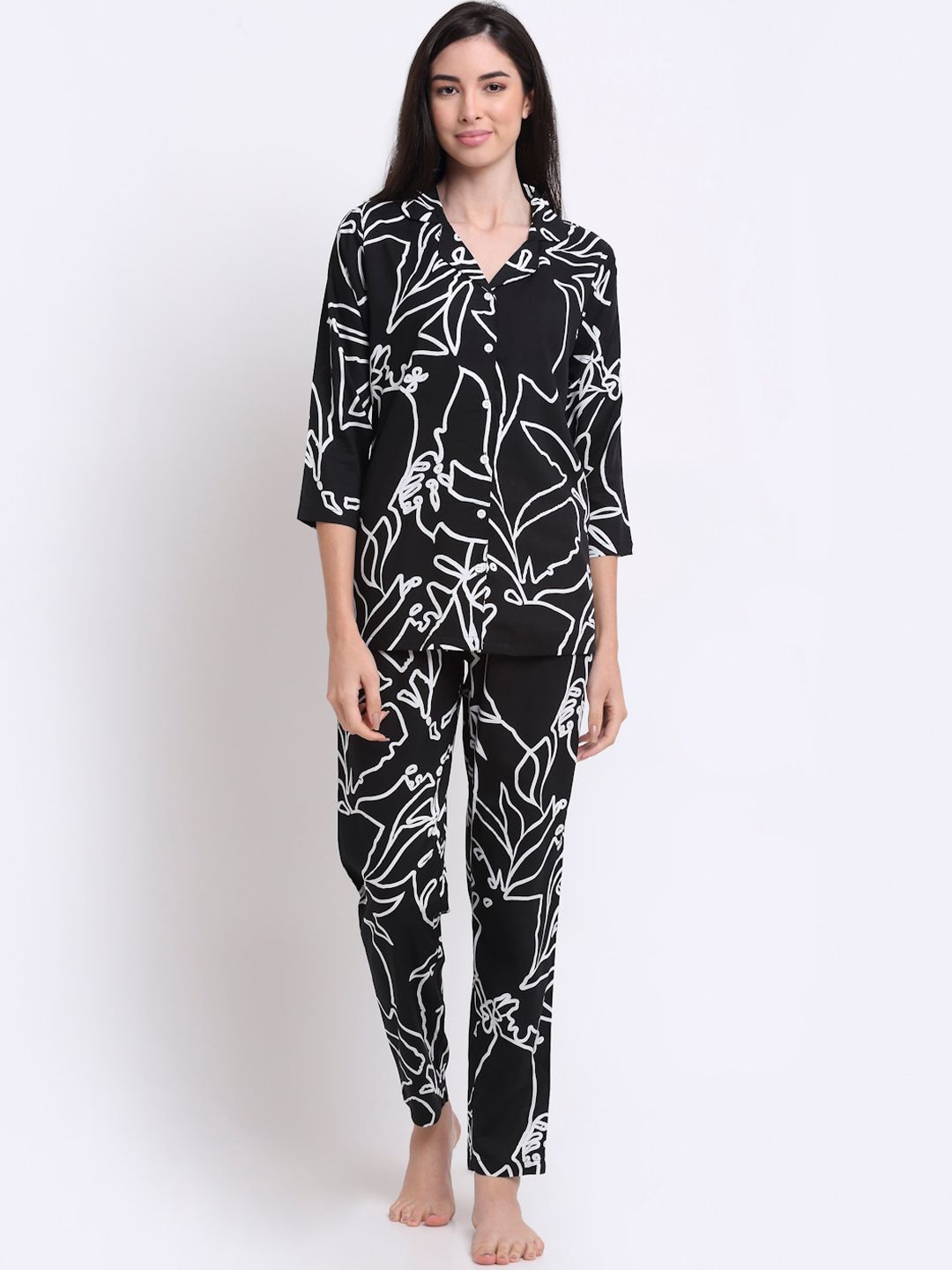 Boston Club Women Black & White Printed Pure Cotton Night suit Price in India