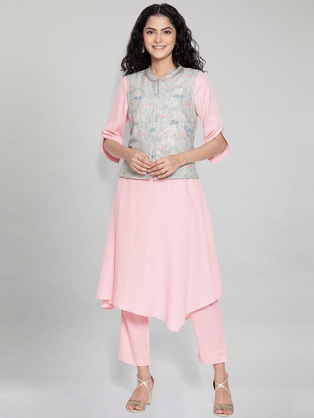 AURELIA Women Pink & Grey Regular Kurta With Trousers With Nehru Jacket Price in India