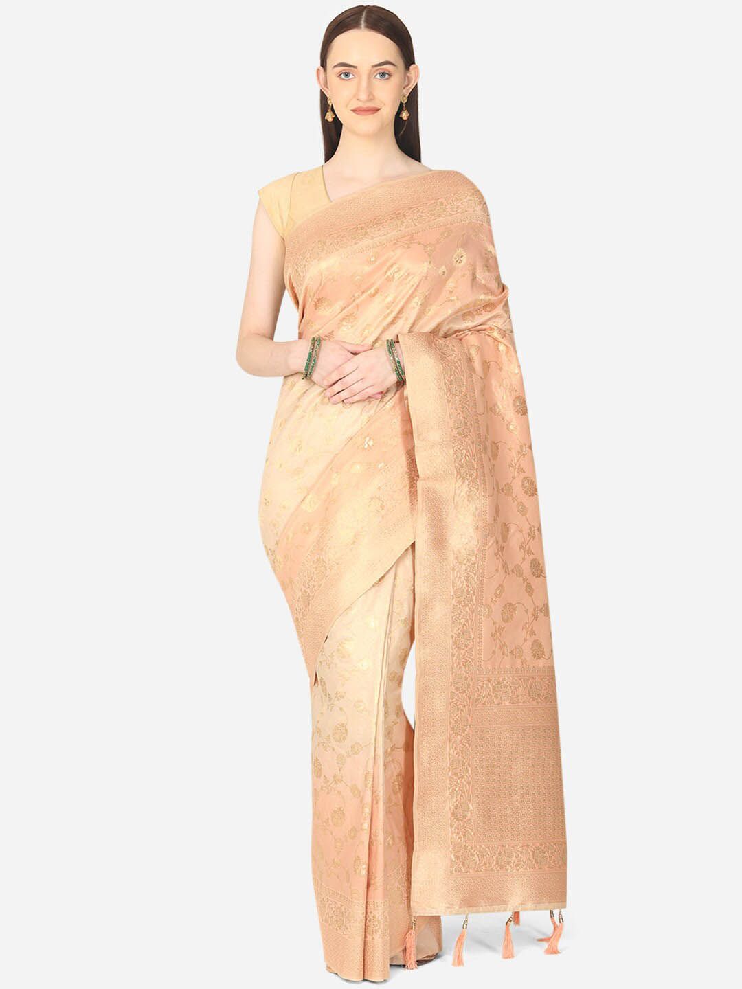 BOMBAY SELECTIONS Peach-Coloured & Gold-Toned Woven Design Art Silk Banarasi Saree Price in India