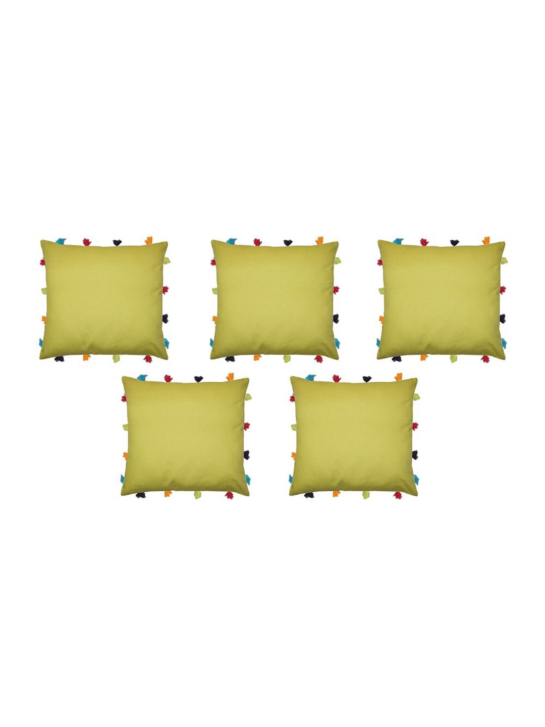 Lushomes Set of 5 Yellow Square Cotton Cushion Covers with Colorful Tassels Price in India