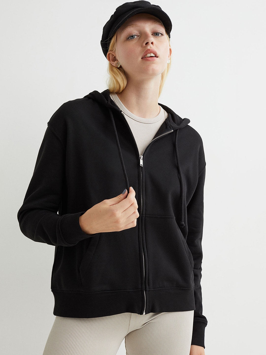 H&M Women Black Zip-through hoodie Price in India