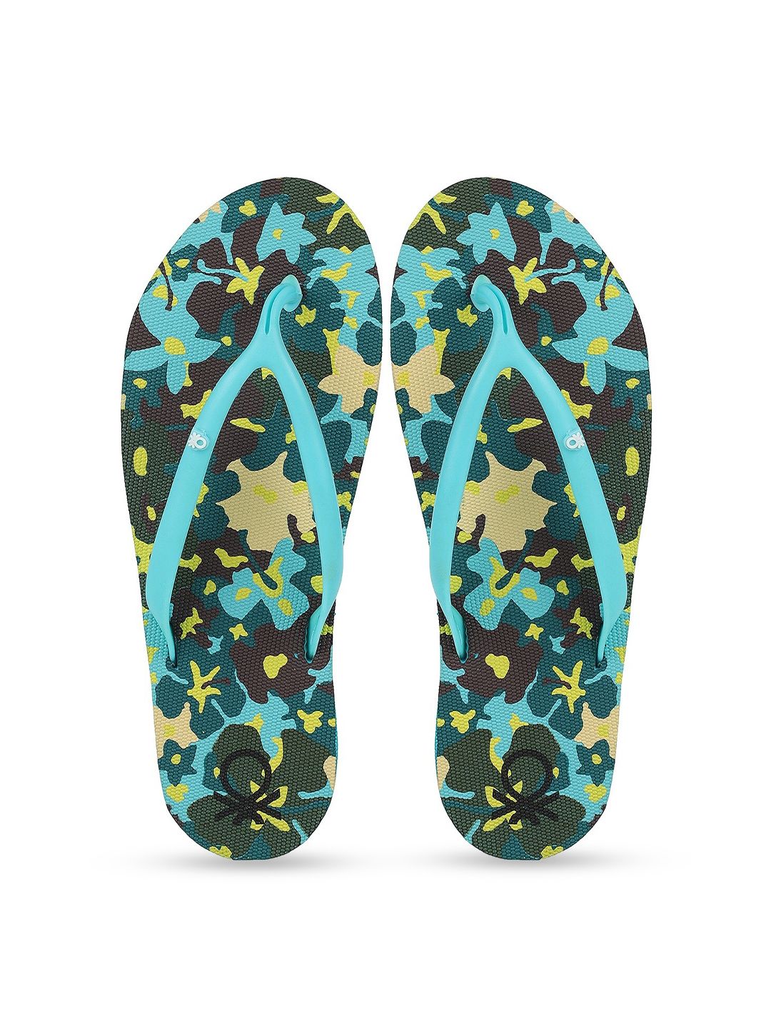United Colors of Benetton Women Blue & Green Printed Rubber Thong Flip-Flops Price in India