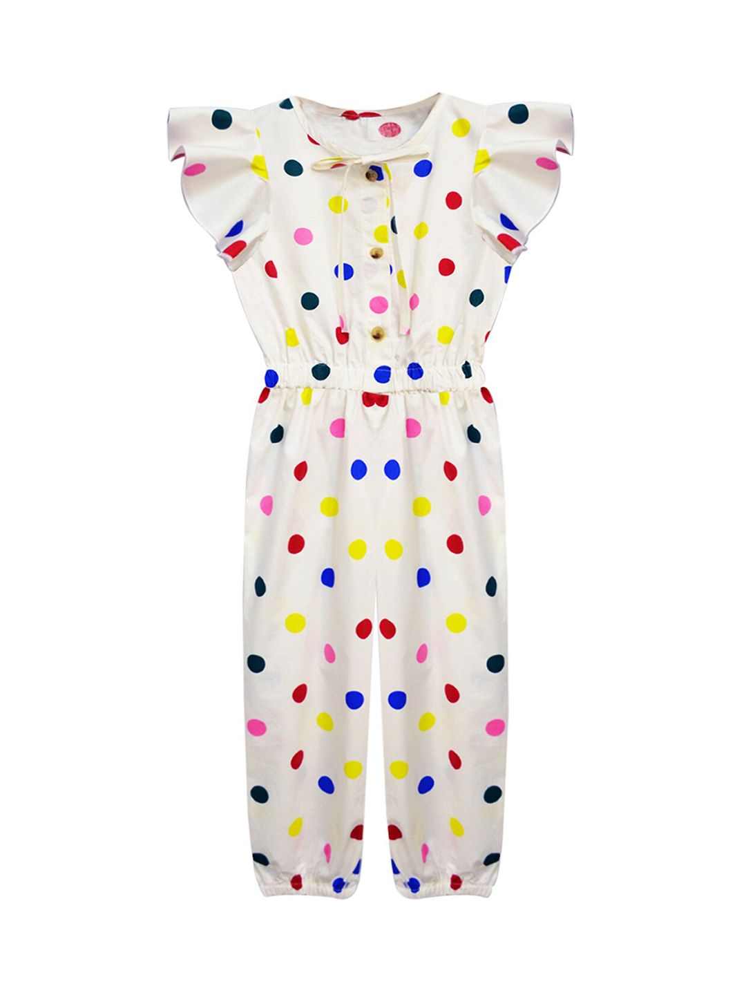 A T U N Girls Off White & Blue Printed Basic Jumpsuit