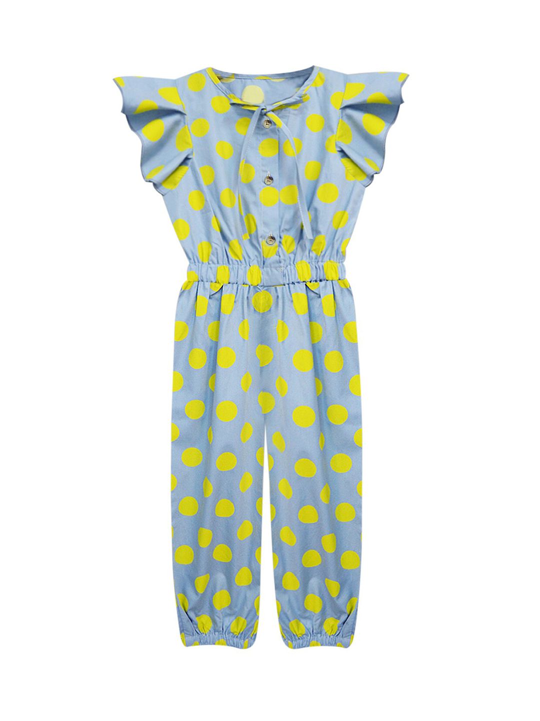 A T U N Girls Blue & Yellow Printed Basic Jumpsuit With Ruffles