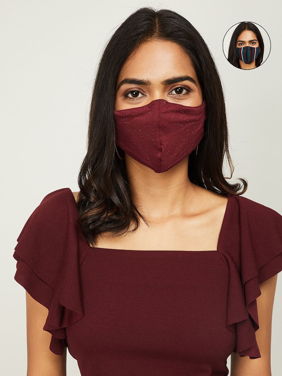 Ginger by Lifestyle Pack of 2 Maroon & Black Printed Cotton Outdoor Masks Price in India