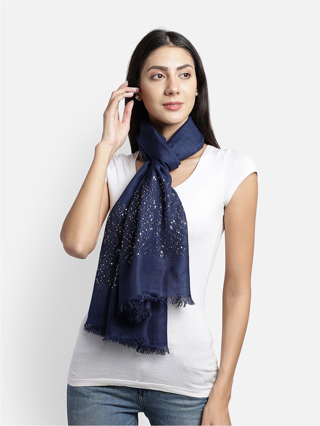 Anekaant Women Navy Blue & Silver-Toned Scarf Price in India