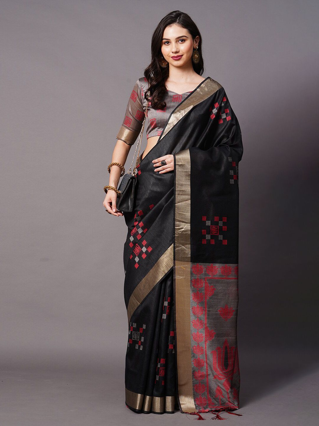 Mitera Black & Red Ethnic Motifs Silk Cotton Banarasi Saree Price in India